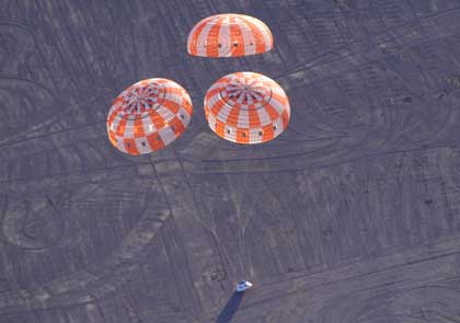 Photo of test version of Orion that was dropped at the Yuma Army proving grounds in Arizona to test the parachute system.